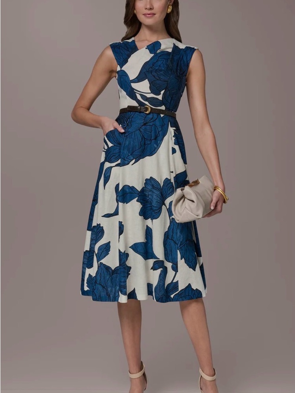 Donna Karan Blue Floral Midi Dress on Cream